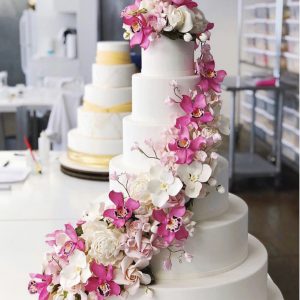 Wedding Cake 5 or 6 levels and pink orchids